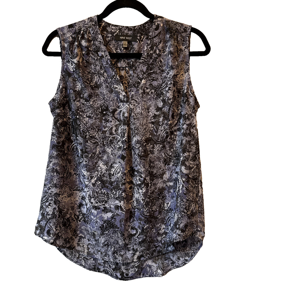 Nine West Women's S Whimsigoth V Neck Sleeveless Blouse Black Purple Floral Boho